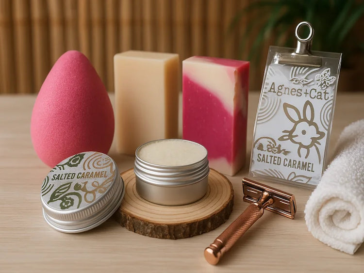 Jabones artesanales, bálsamo labial natural, cuchilla reutilizable y esponja de baño, productos ecológicos para el cuidado personal y rituales de baño