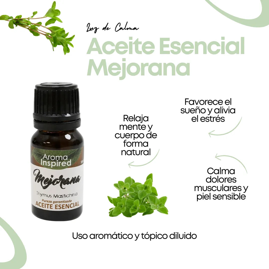 Imagen informativa del Aceite Esencial de Mejorana de Luz de Calma. Botella de 10 ml junto a hojas de mejorana, con beneficios destacados como: relajación natural, alivio del estrés, mejora del sueño y calma muscular. Ideal para uso aromático y tópico diluido.