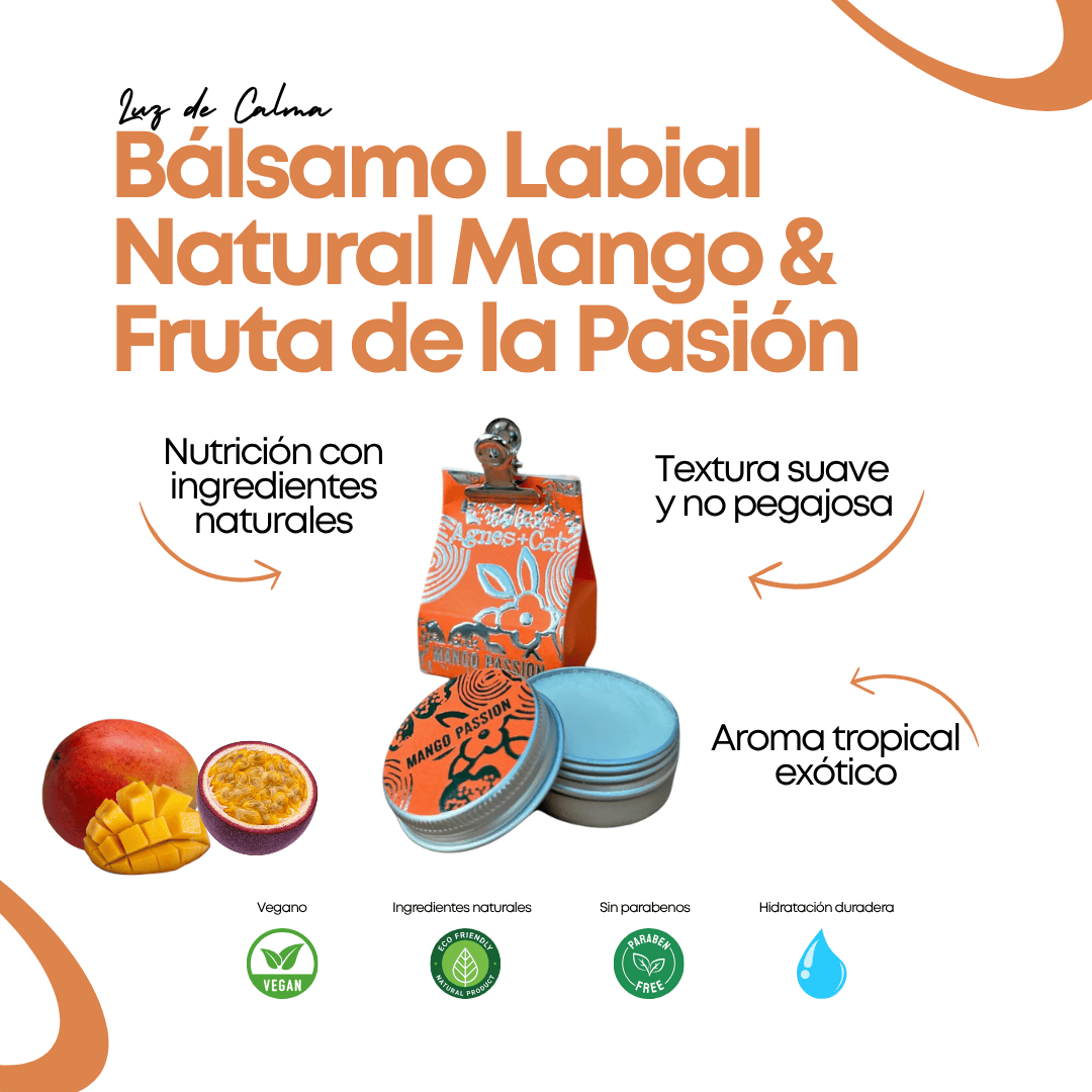 Bálsamo labial natural Mango y Fruta de la Pasión de Agnes + Cat en envase metálico redondo con aroma tropical, hidratante y vegano