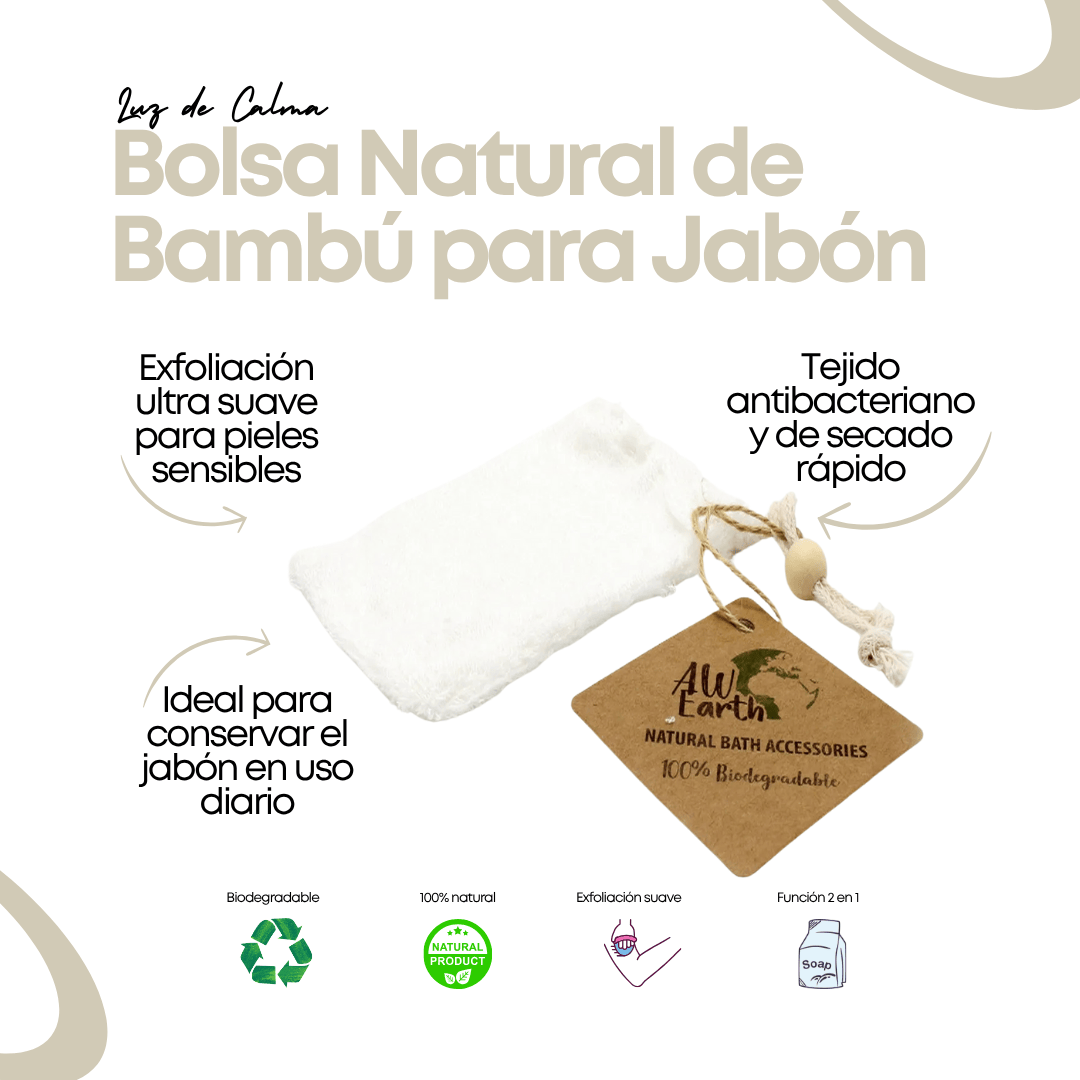 Bolsa Natural de Bambú para Jabón con etiqueta ecológica – 100% biodegradable, ideal para exfoliar y conservar el jabón artesanal.