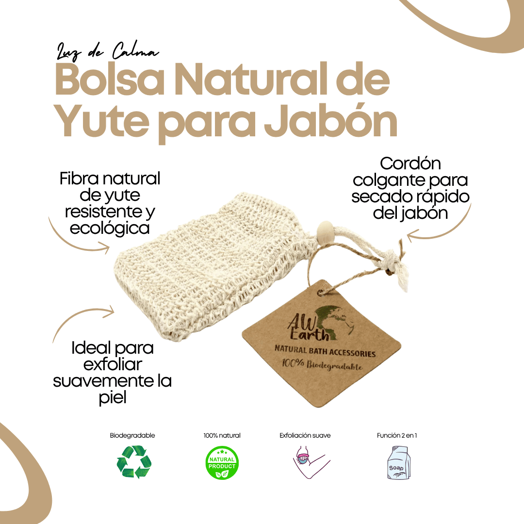 Bolsa Natural de Yute para jabón con cordón colgante, fabricada en fibra vegetal biodegradable, ideal para exfoliar suavemente la piel y conservar mejor el jabón sólido.
