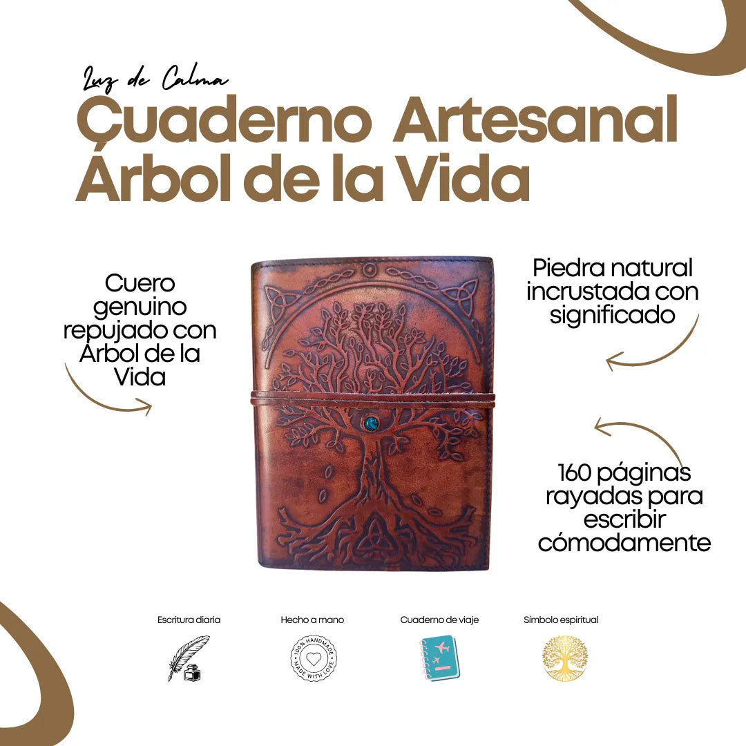 Cuaderno de cuero artesanal con diseño repujado del Árbol de la Vida, piedra natural y páginas rayadas para escritura. Ideal como diario personal, cuaderno de viaje o regalo espiritual.