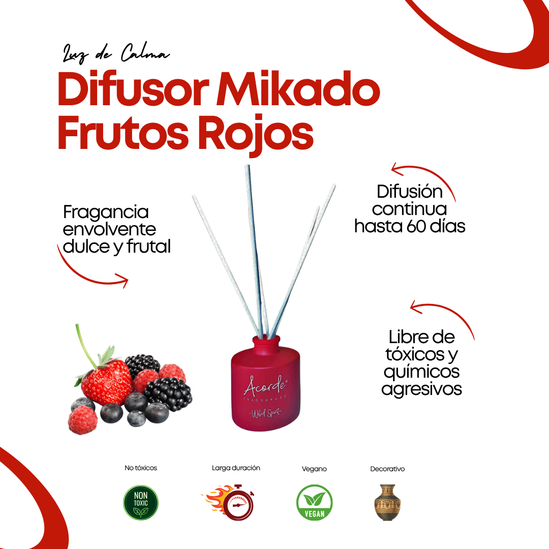 Difusor de aromas mikado de frutos rojos con varillas naturales y frasco decorativo de cristal. Ambientador natural y duradero, ideal para el hogar.