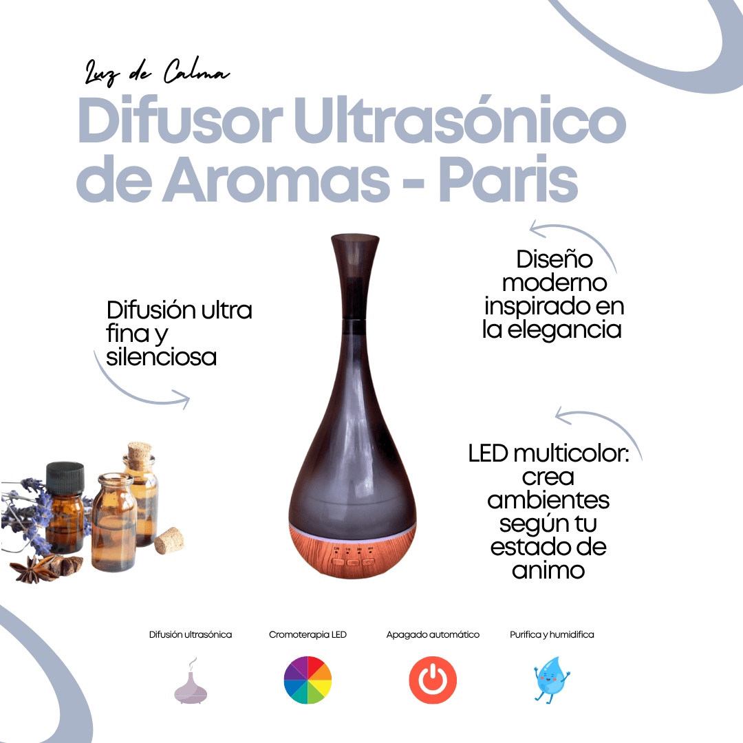 Difusor de Aromas Paris Esencia con tecnología ultrasónica, luces LED de 7 colores, temporizador programable y diseño elegante para aromaterapia y bienestar en el hogar.