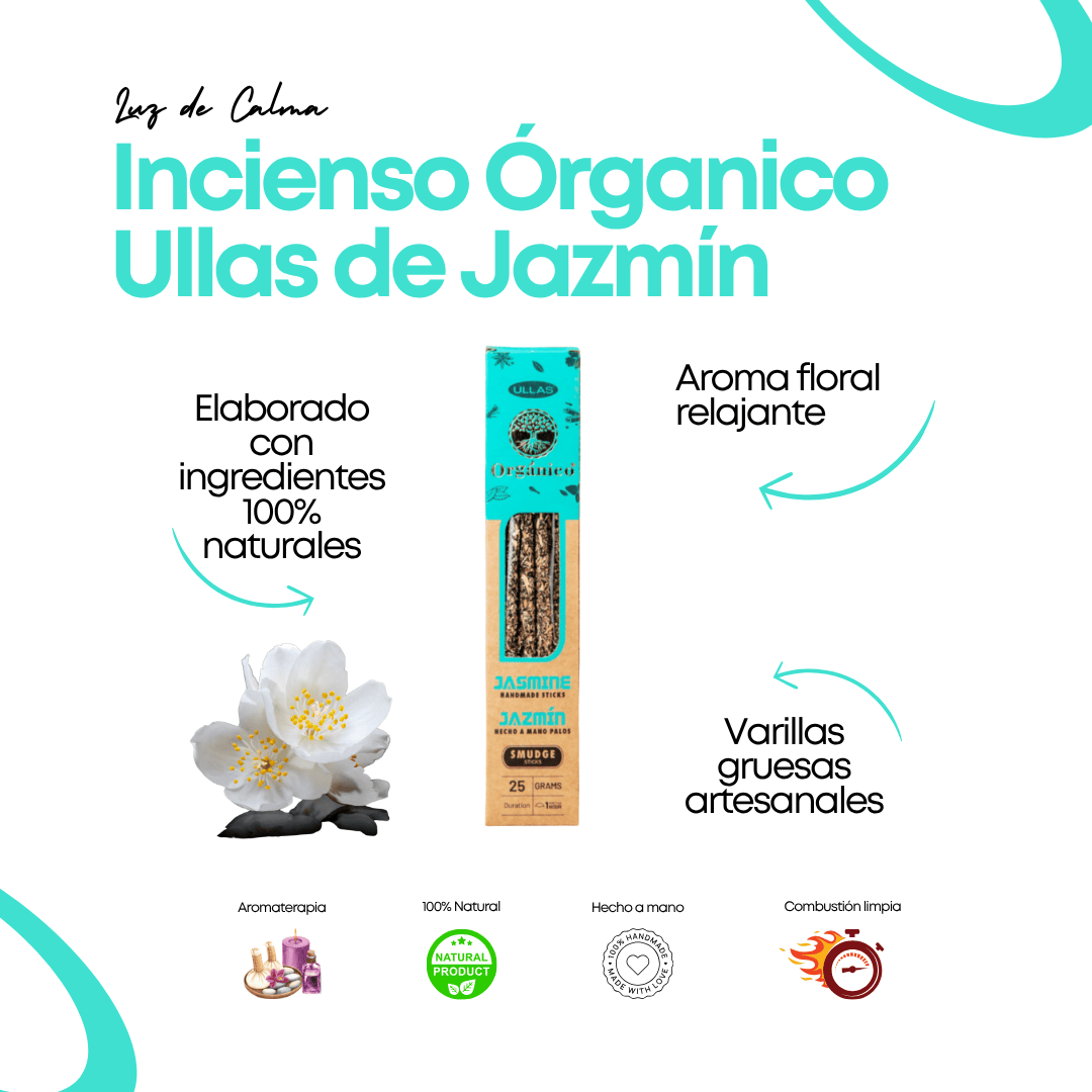 Incienso orgánico Ullas Jazmín con varillas gruesas artesanales de aroma floral, calmante y natural sobre fondo beige claro.