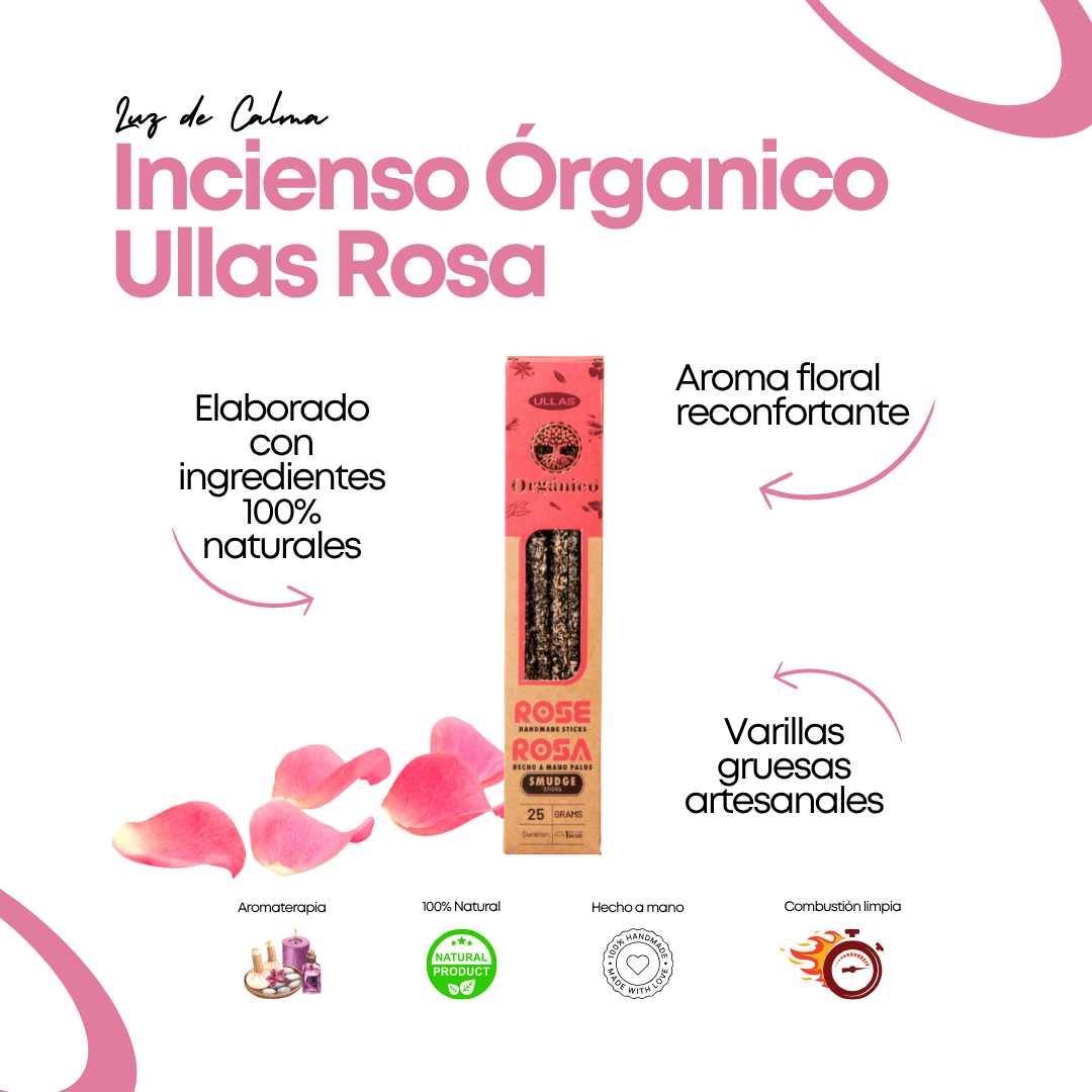 Caja de incienso orgánico Ullas aroma rosa con diseño artesanal y varillas gruesas naturales para aromaterapia y bienestar emocional