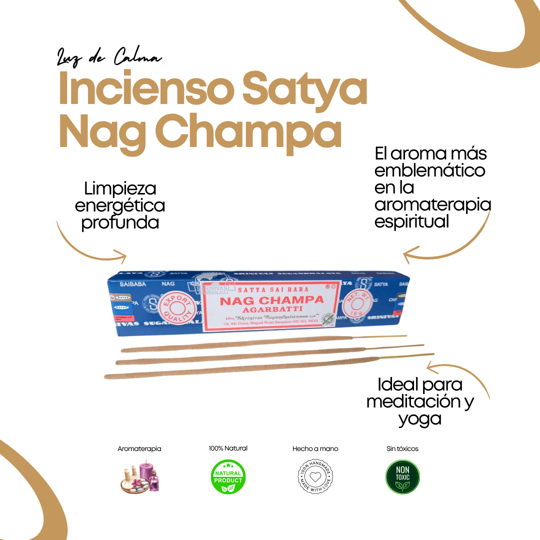 Imagen informativa del Incienso Satya Nag Champa, mostrando sus beneficios principales: aroma espiritual, flor de champa, relajación profunda y uso ideal en meditación o yoga. Producto 100% natural y artesanal.