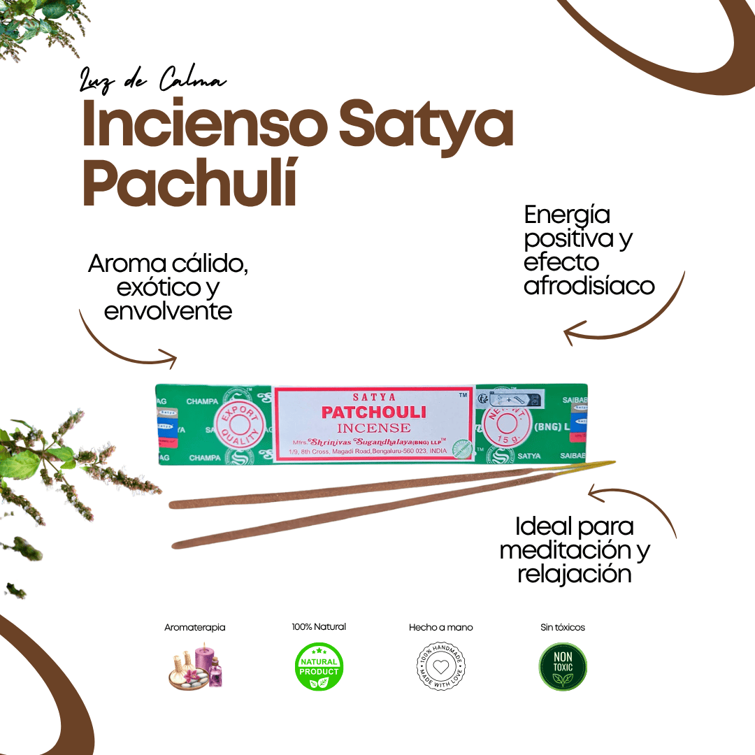 Imagen informativa del Incienso Satya Pachulí natural, con beneficios de aromaterapia, purificación de espacios, relajación emocional y aroma terroso afrodisíaco.
