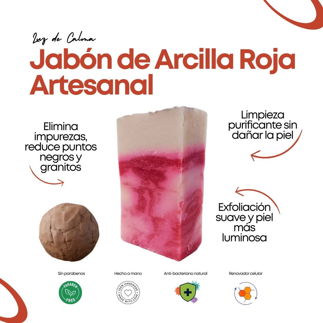 Jabón artesanal de arcilla roja en bloque rectangular, con tonos terracota y acabado natural, ideal para pieles grasas, sensibles o con imperfecciones. Hecho a mano en España.