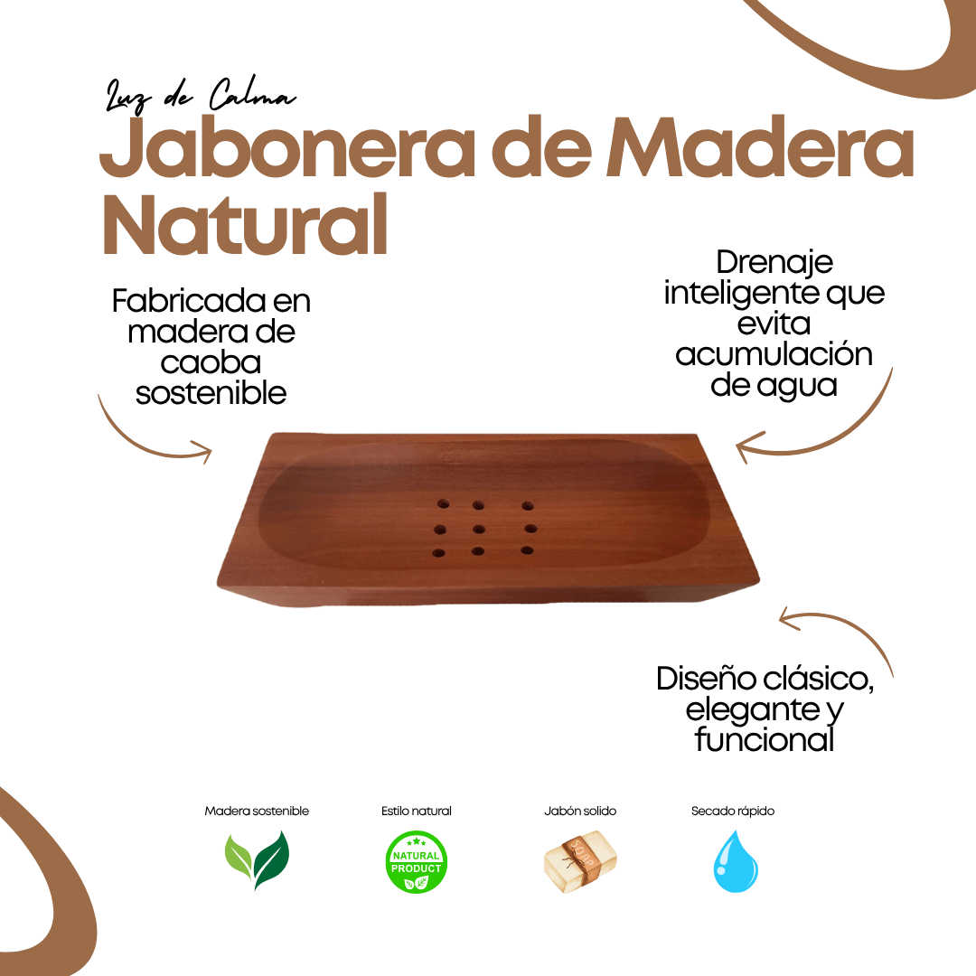 Jabonera de madera natural para baño fabricada en caoba sostenible, con diseño elegante y sistema de drenaje que prolonga la vida útil del jabón artesanal o sólido.