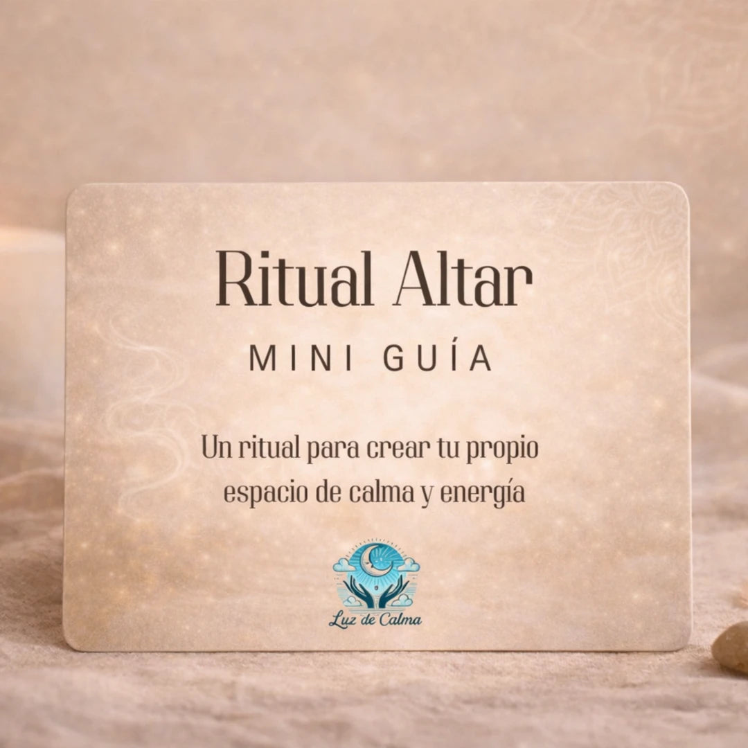 Tarjeta guía ritual altar con instrucciones para crear un espacio de calma y energía sobre fondo cálido