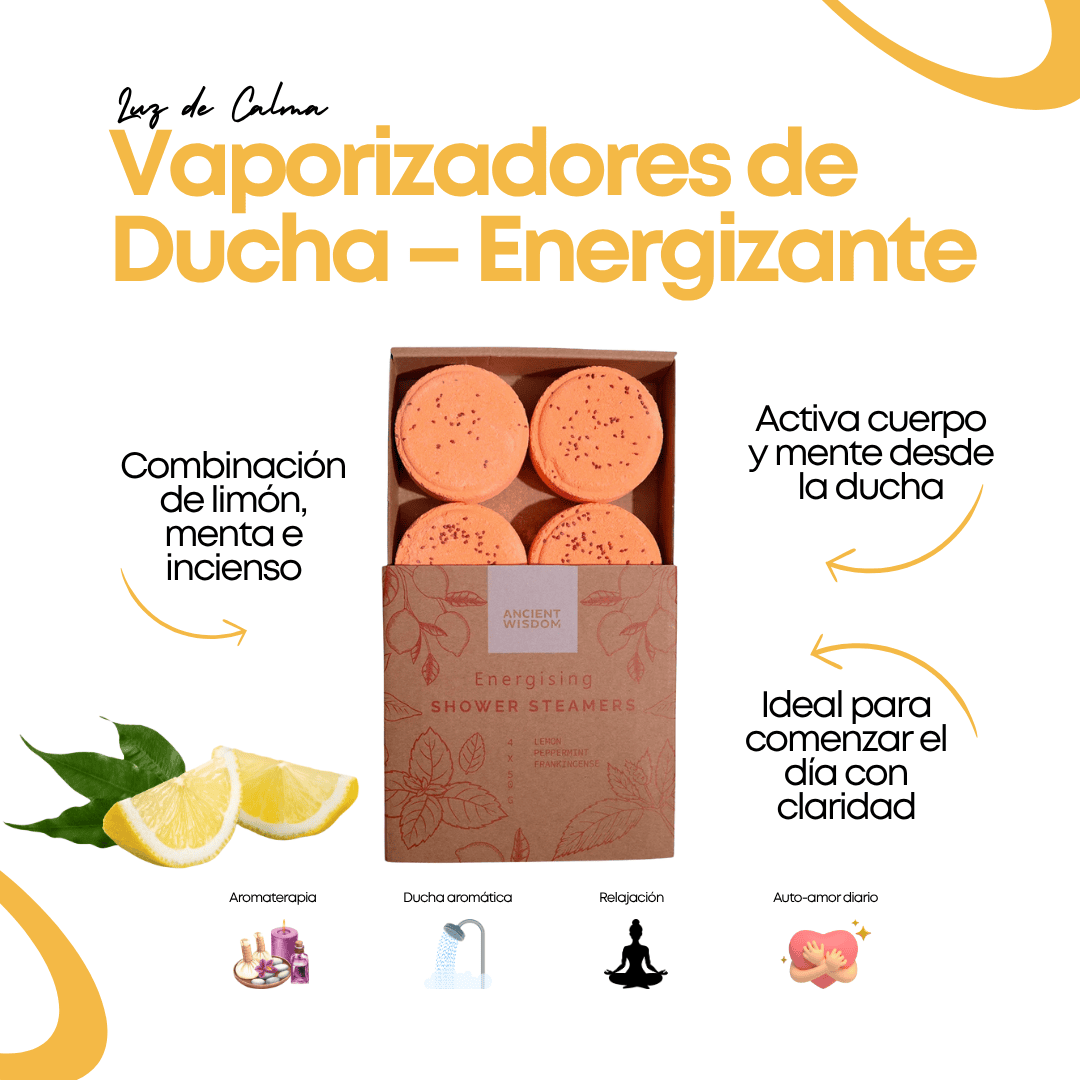 Caja con 4 discos aromáticos Vaporizadores de Ducha ZEN – Energizante con semillas de arándano, elaborados con aceites esenciales de limón, menta e incienso. Ritual de energía natural.