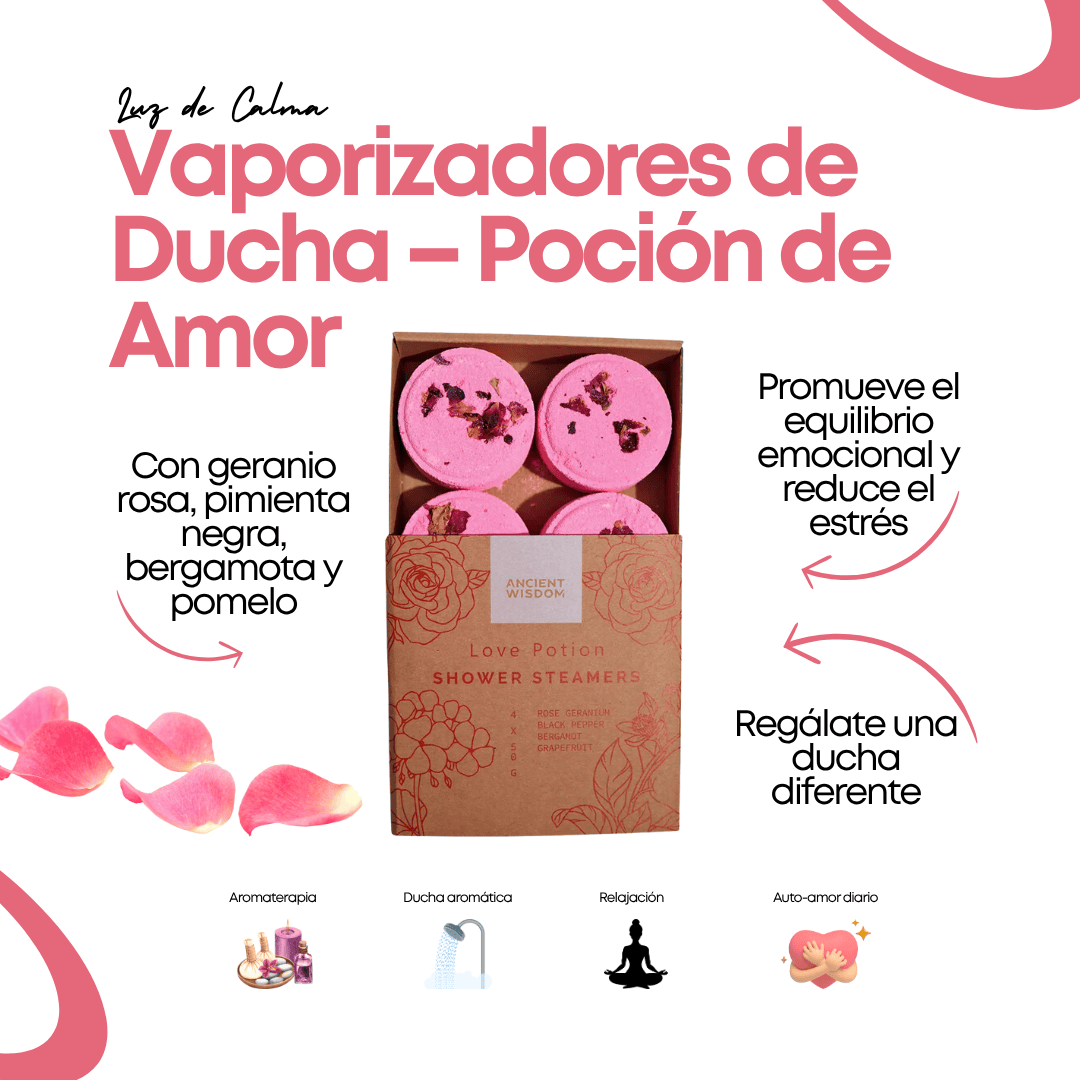 Vaporizadores de ducha relajante Poción de Amor con aceites esenciales de geranio, pimienta negra, pomelo y bergamota, ideal para aromaterapia en la ducha.