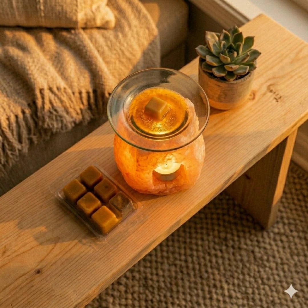 Wax melts de cera de abeja en quemador de sal del Himalaya con luz cálida y ambiente acogedor tipo hogar
