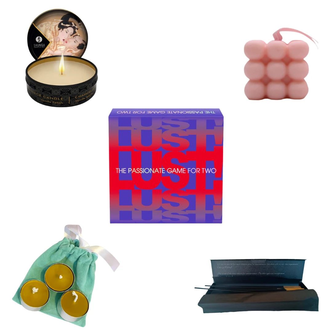 Productos del pack Ritual Sensorial: juego Just Lust, vela aromática, vela decorativa, velas de té y objeto ritual para crear una experiencia sensorial en pareja