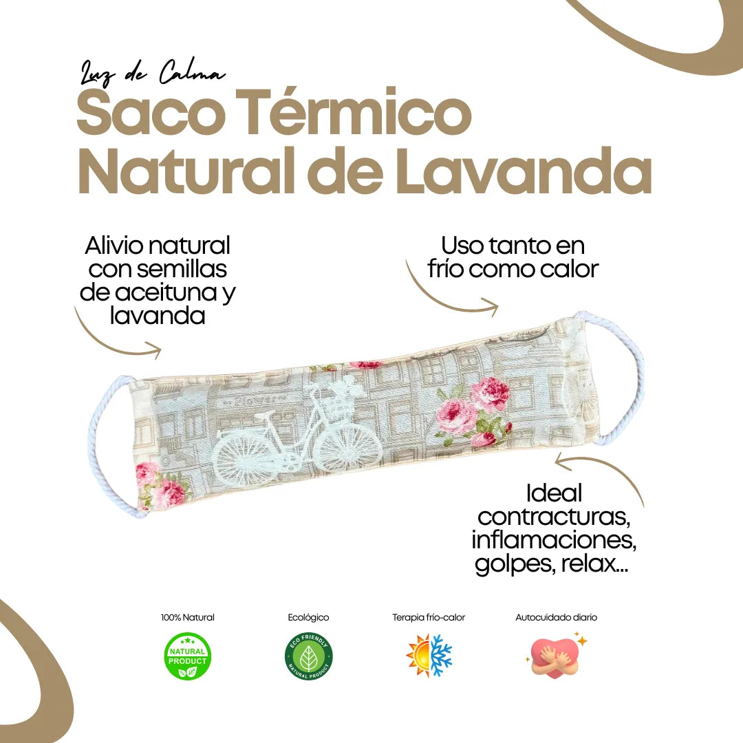 Saco térmico de semillas con estampado Rosas Vintage, relleno de huesos de aceituna y lavanda, ideal para terapia de calor y frío, alivio muscular y bienestar natural.