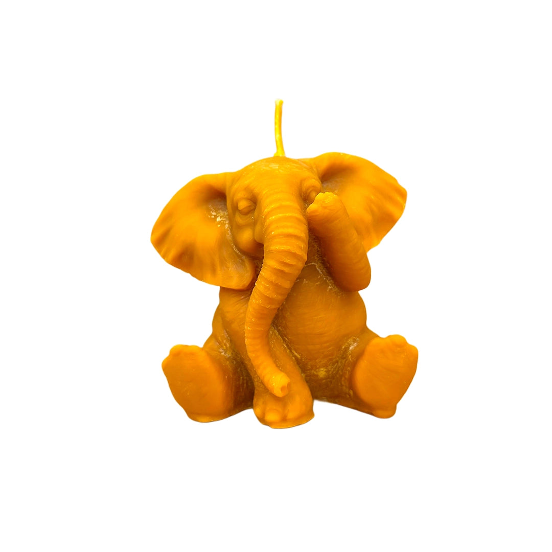 Vela Visión del Alma con elefante tapándose los ojos hecha de cera de abeja 100% natural sobre fondo blanco