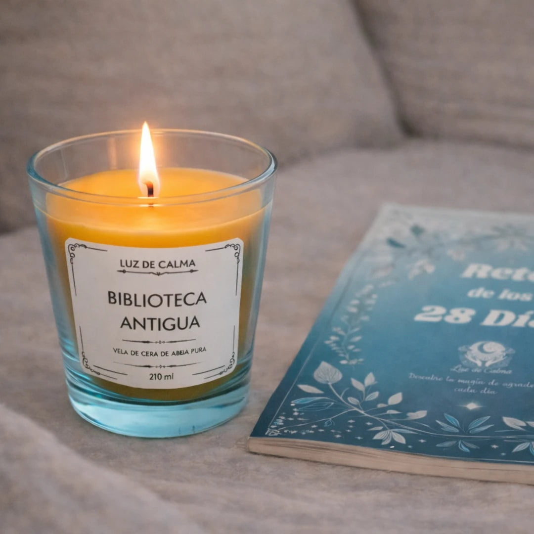 Vela aromática Biblioteca Antigua encendida junto a un libro, creando un ambiente íntimo, relajante y evocador de lectura y momentos de desconexión