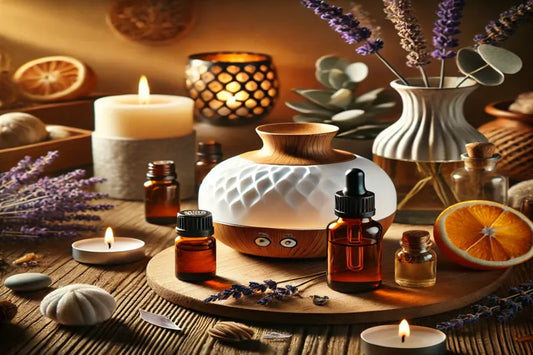 Aceites esenciales, difusores de aromas, velas y detalles botanicos conforman un espacio para la aromaterapia.