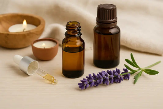 Botes de aceites esenciales, dosificador y una rama de lavanda mas dos velas como decoración.