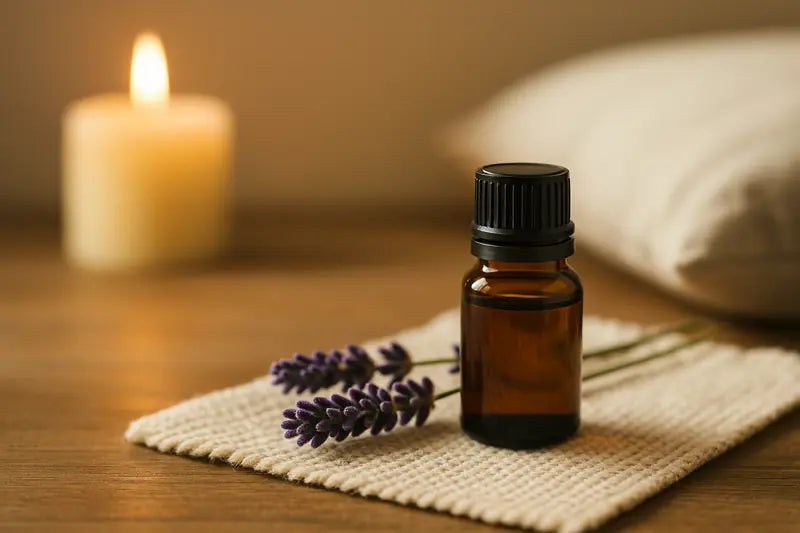Bote de aceite esencial mas ramita de lavanda, en entorno para dormir con una almohada y vela de fondo.