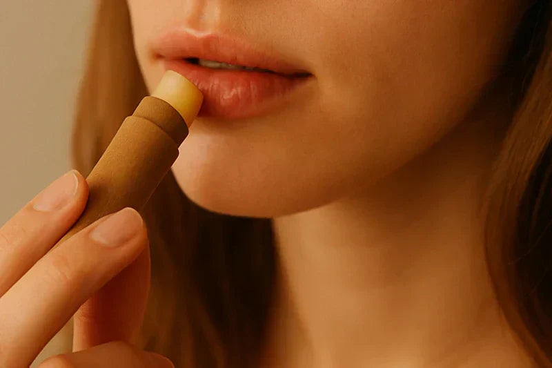 Mujer aplicando bálsamo labial natural para hidratar unos labios secos y agrietados