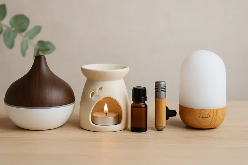 Diferentes tipos de difusores de aromas sobre una mesa.