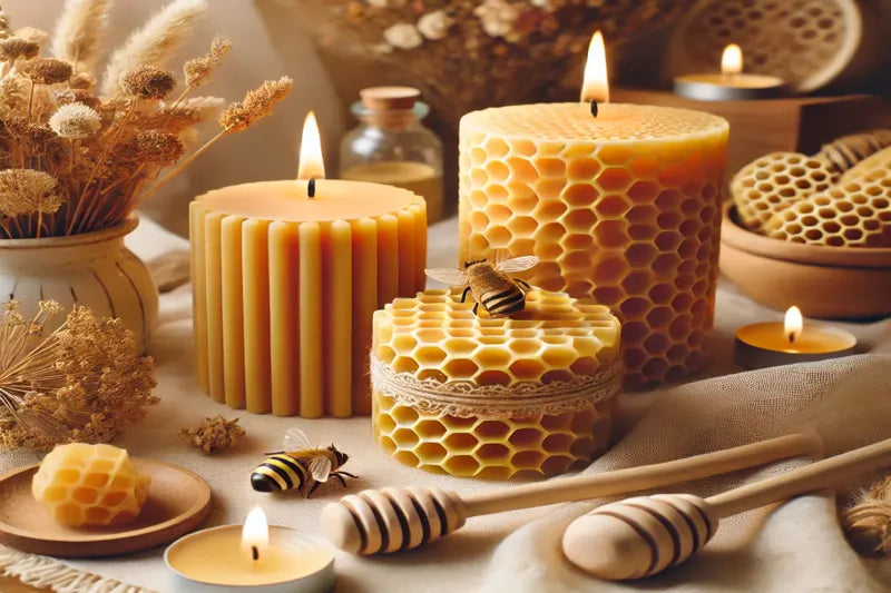 Velas de cera de abeja, velas de te, abejas y miel sobre un fondo relajante.