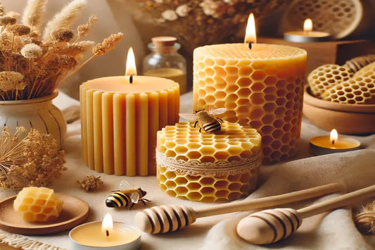 Velas de cera de abeja, velas de te, abejas y miel sobre un fondo relajante.