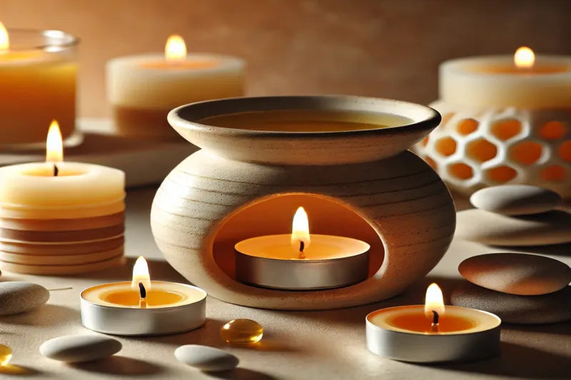 Un quemador de aromas junto a velas de te y otras velas.