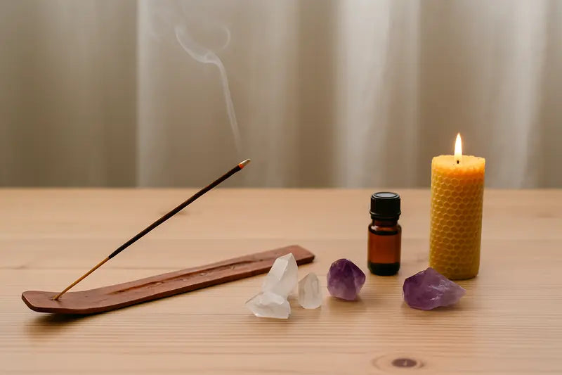 Incienso, vela, aceite y piedras naturales en un espacio relajante.