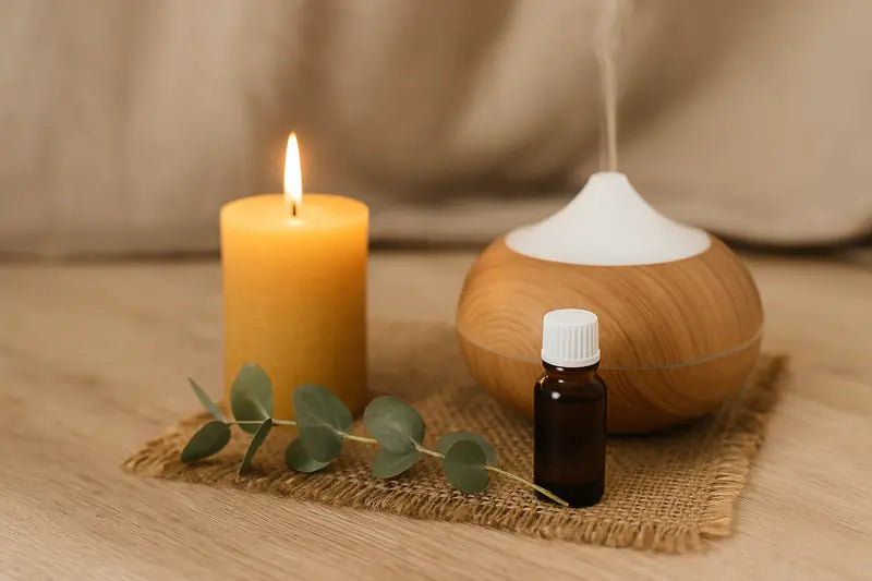 Vela encendida, rama de eucalipto y difusor con su aceite esencial.
