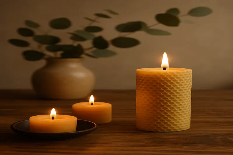 Dos velas de te y una mas grande, de cera de abeja, en mesa de madera mas jarrón con planta.