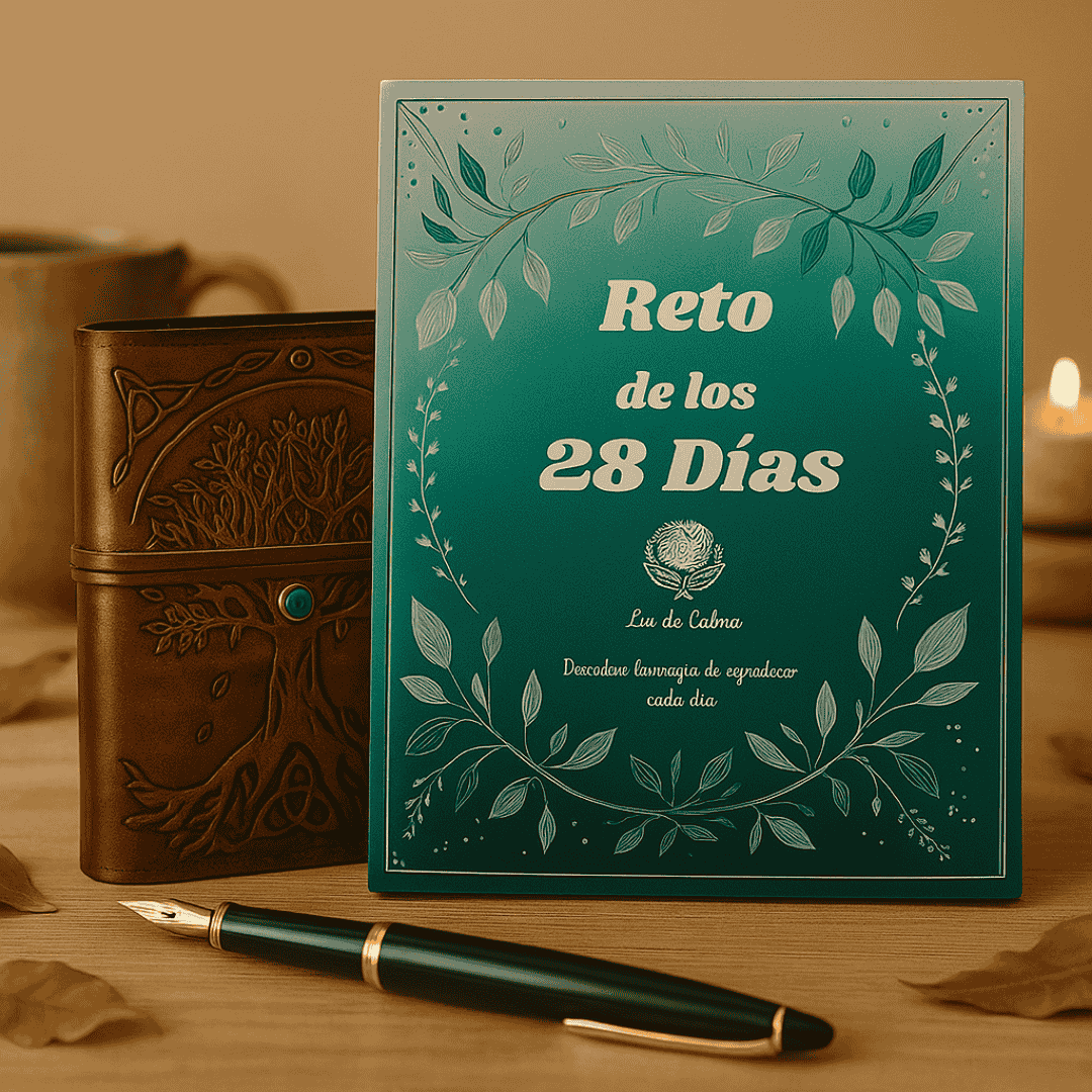 Dos diarios de escritura espiritual —uno artesanal de cuero con árbol de la vida grabado y otro titulado 'Reto de los 28 Días'— reposan sobre una superficie de madera clara en un ambiente relajante, ideal para journaling y bienestar emocional.