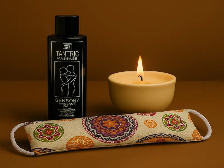 Aceite de masaje tántrico con canela, vela encendida en cuenco blanco y antifaz terapéutico de lavanda con estampado de mandalas, sobre fondo cálido sensorial