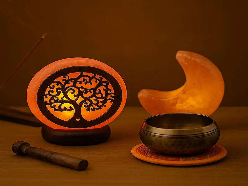 Lámparas de sal del Himalaya con diseño de luna y árbol de la vida junto a cuenco tibetano y varilla de incienso, sobre fondo cálido y armónico para decoración energética