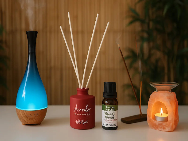 Difusor ultrasónico con luz azul, mikado rojo, aceites esenciales de eucalipto y menta verde, incienso encendido y quemador de esencias con vela de sal del Himalaya sobre fondo relajante