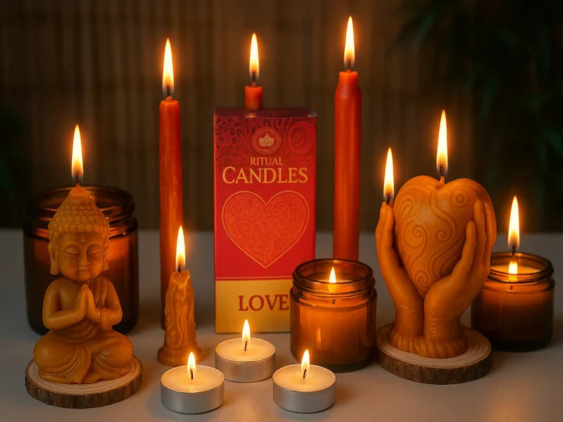 Velas decorativas artesanales encendidas: velas de cera de abeja en forma de Buda, manos con corazón y tarros de cristal, ideales para rituales y ambientación