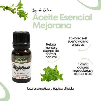 Imagen informativa del Aceite Esencial de Mejorana de Luz de Calma. Botella de 10 ml junto a hojas de mejorana, con beneficios destacados como: relajación natural, alivio del estrés, mejora del sueño y calma muscular. Ideal para uso aromático y tópico diluido.
