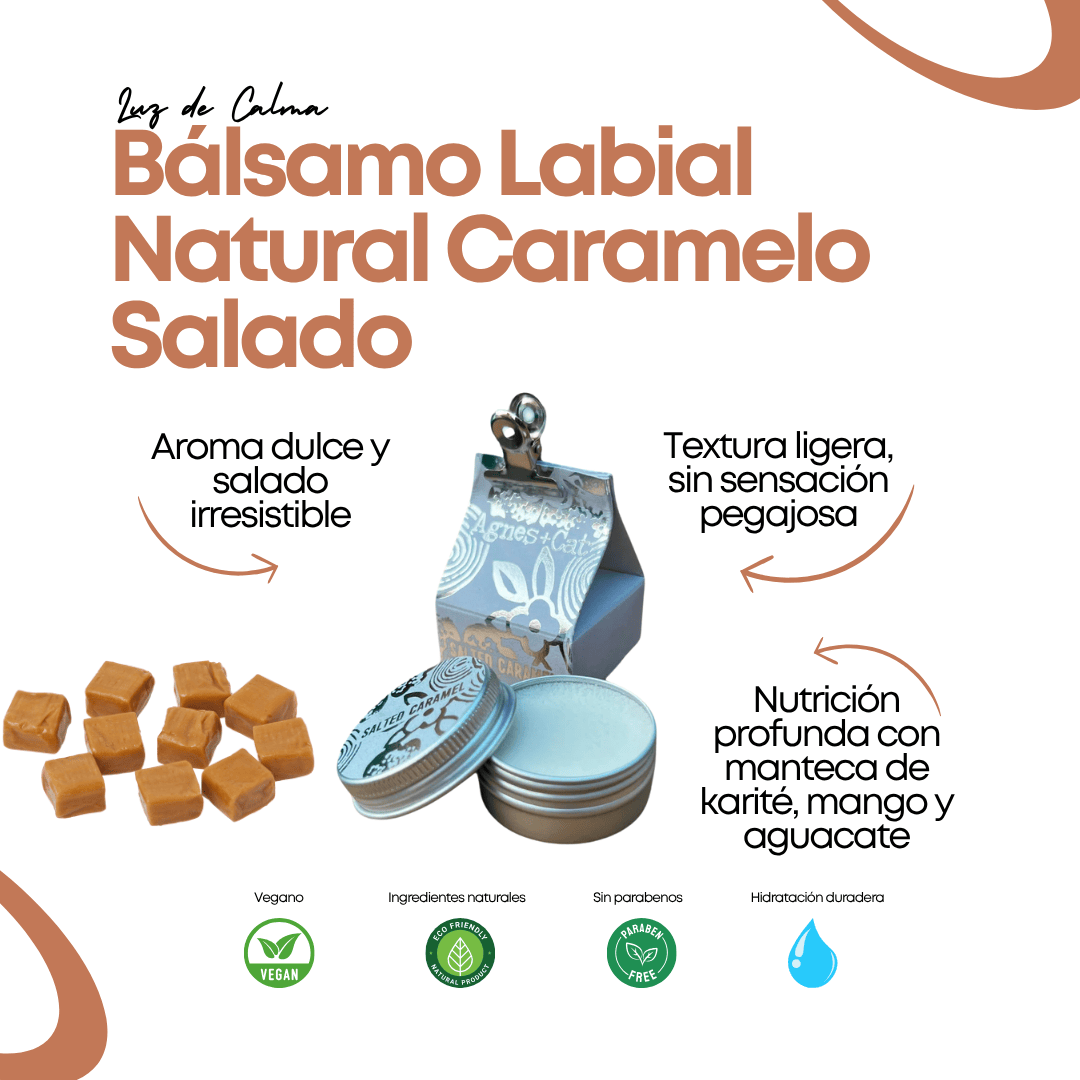 Bálsamo labial natural Caramelo Salado con ingredientes veganos, fórmula hidratante y aroma dulce y salado. Ideal para labios secos o agrietados.