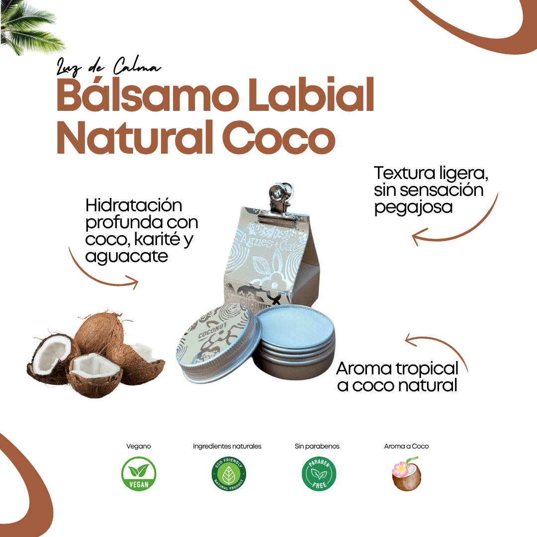 Bálsamo labial natural con aroma a coco, enriquecido con manteca de karité, mango y aguacate, hidratación profunda y textura ligera, sin parabenos ni colorantes.