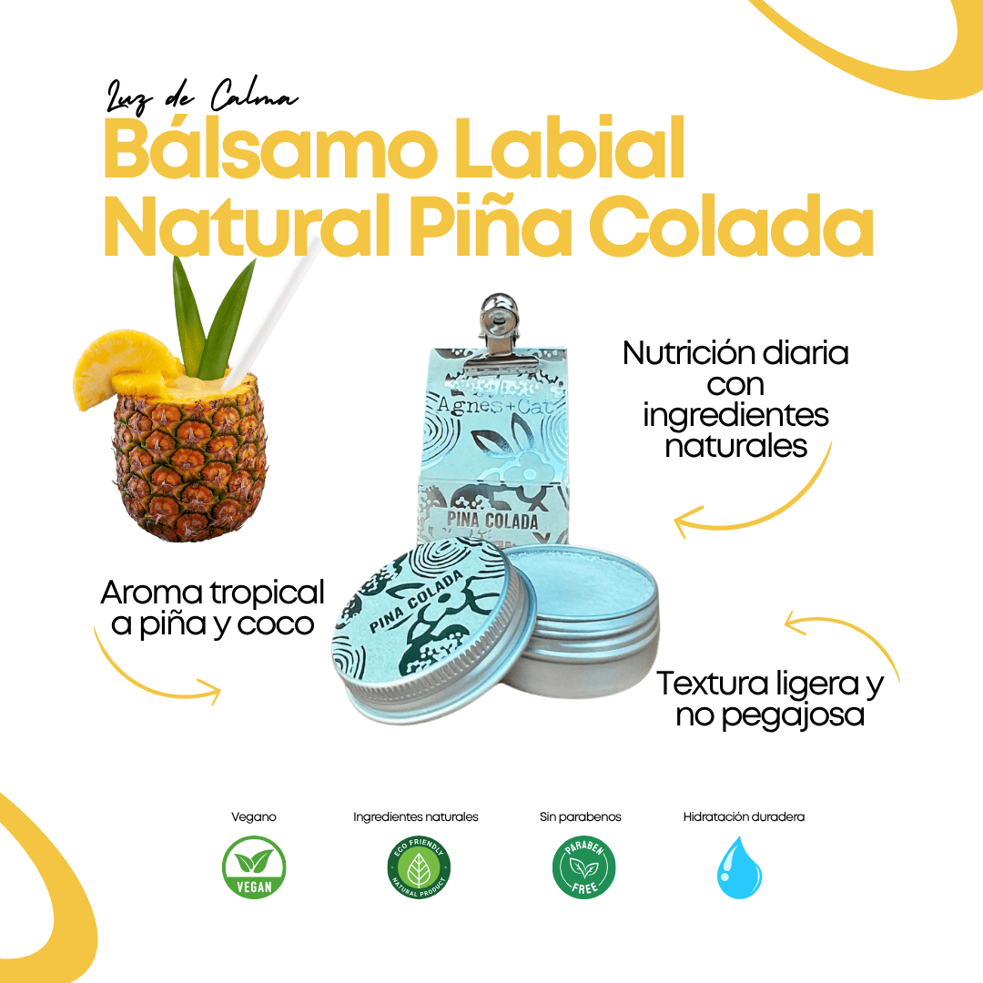 Bálsamo labial natural Piña Colada de Agnes & Cat, en lata metálica con aroma tropical a piña y coco, hidratante vegano y nutritivo para labios suaves y protegidos.