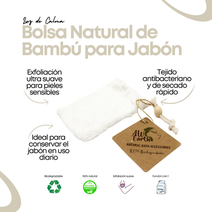 Bolsa Natural de Bambú para Jabón con etiqueta ecológica – 100% biodegradable, ideal para exfoliar y conservar el jabón artesanal.