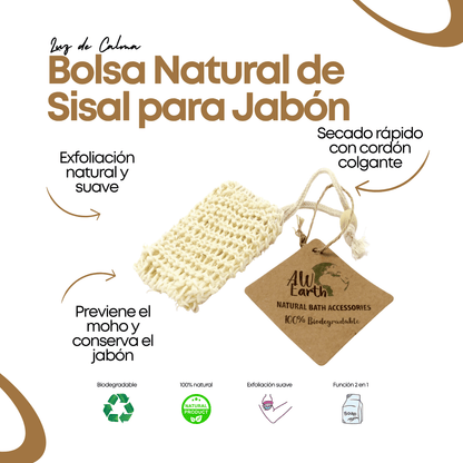 Bolsa exfoliante de sisal natural biodegradable para jabón sólido, con cordón colgante y textura vegetal que ayuda a conservar el jabón y cuidar la piel de forma sostenible.