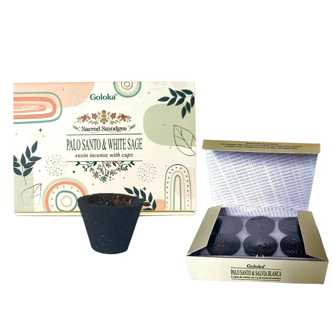 Caja de copas de incienso Goloka Palo Santo y Salvia Blanca abierta y cerrada con una copa de carbón al frente