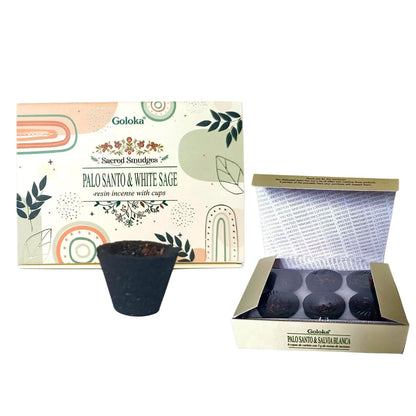 Caja de copas de incienso Goloka Palo Santo y Salvia Blanca abierta y cerrada con una copa de carbón al frente