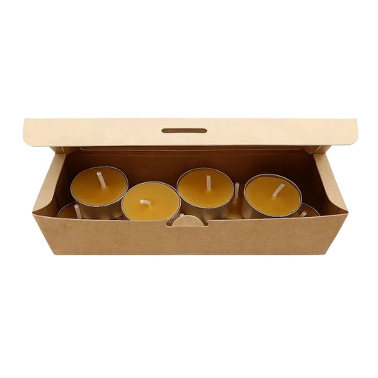 Caja de 9 velas de té de cera de abeja natural con mecha de algodón, presentación ecológica sin plásticos