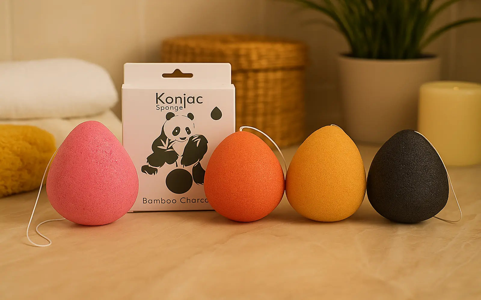 Esponjas naturales Konjac de colores sobre superficie de baño, con fondo de toallas, plantas y caja de presentación.