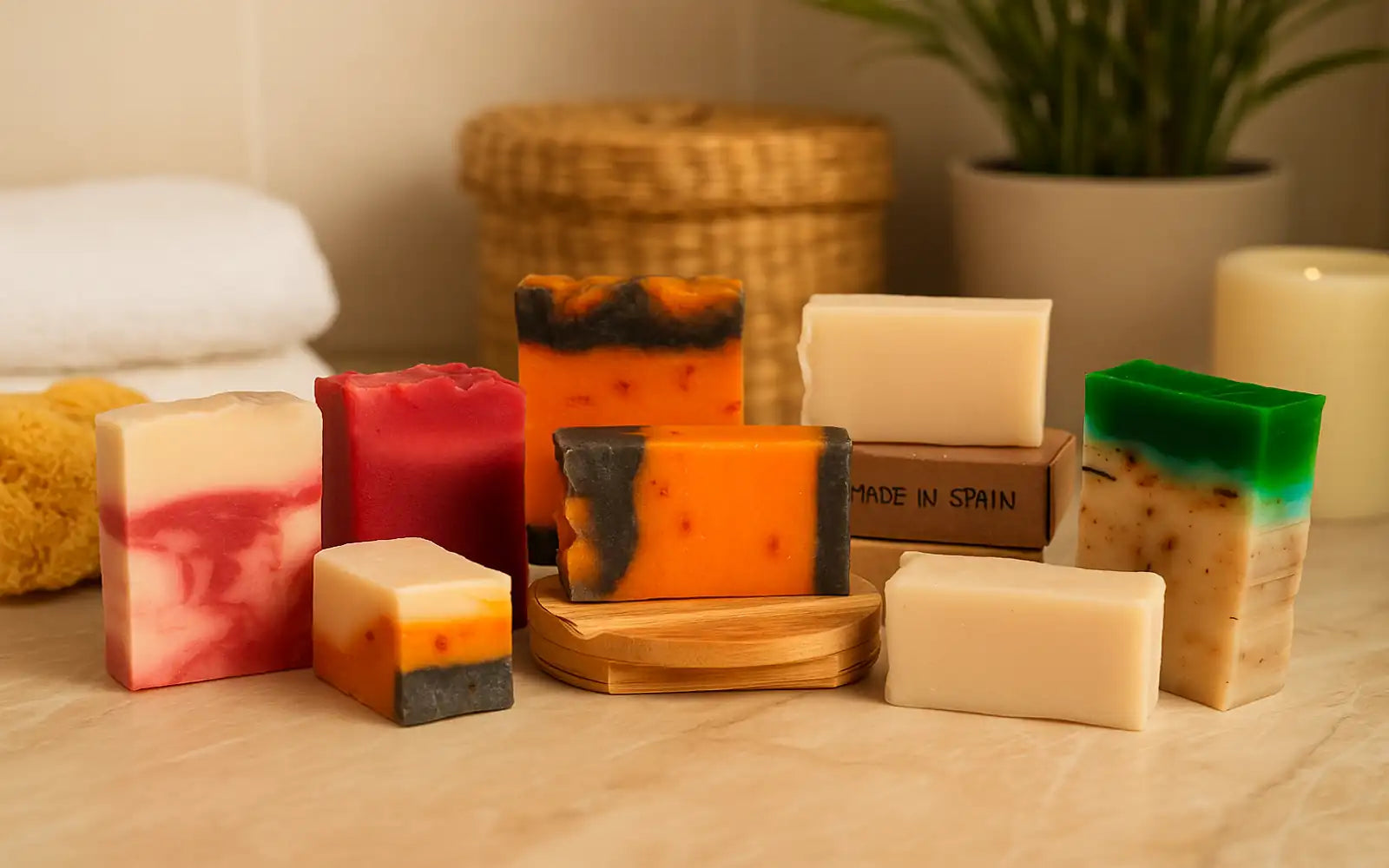 Jabones artesanales naturales de colores variados sobre superficie de baño, ideales para el cuidado personal y la higiene sostenible.
