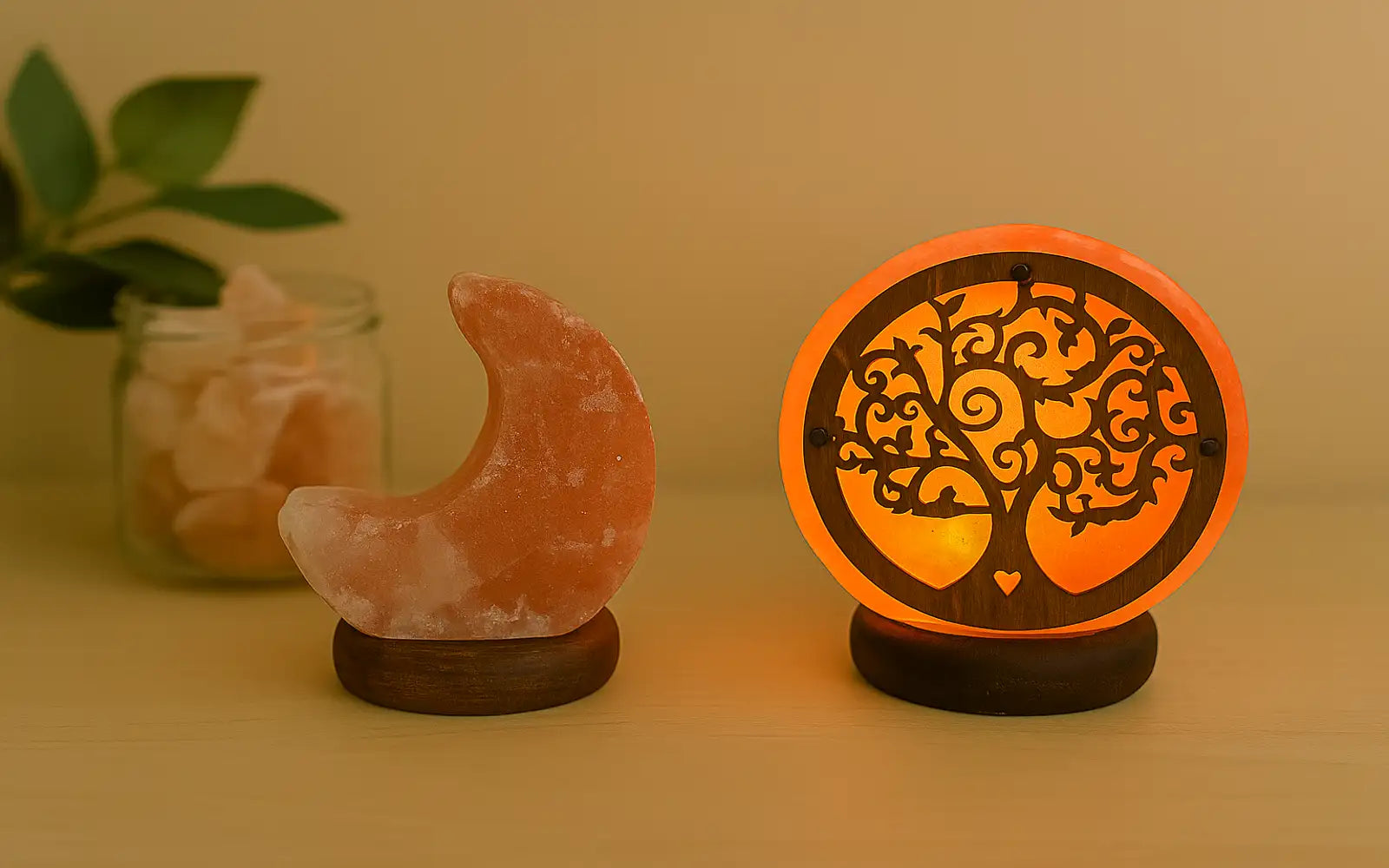 Lámparas de sal del Himalaya con base de madera, en forma de luna y árbol de la vida, sobre una mesa con fondo cálido y detalles decorativos naturales.